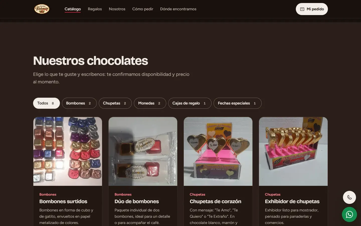 Catálogo de Chocolates Valencia con filtros por categoría y tarjetas de bombones y chupetas